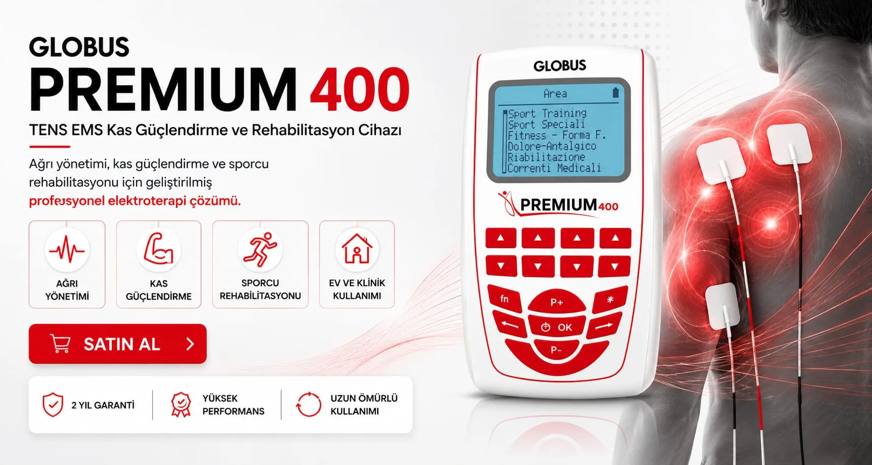 Globus Premium 400 TENS EMS Kas Güçlendirme ve Rehabilitasyon Cihazı - ağrı yönetimi, kas güçlendirme, sporcu rehabilitasyonu, ev ve klinik kullanımı, 2 yıl garanti, yüksek performans, uzun ömürlü kullanım
