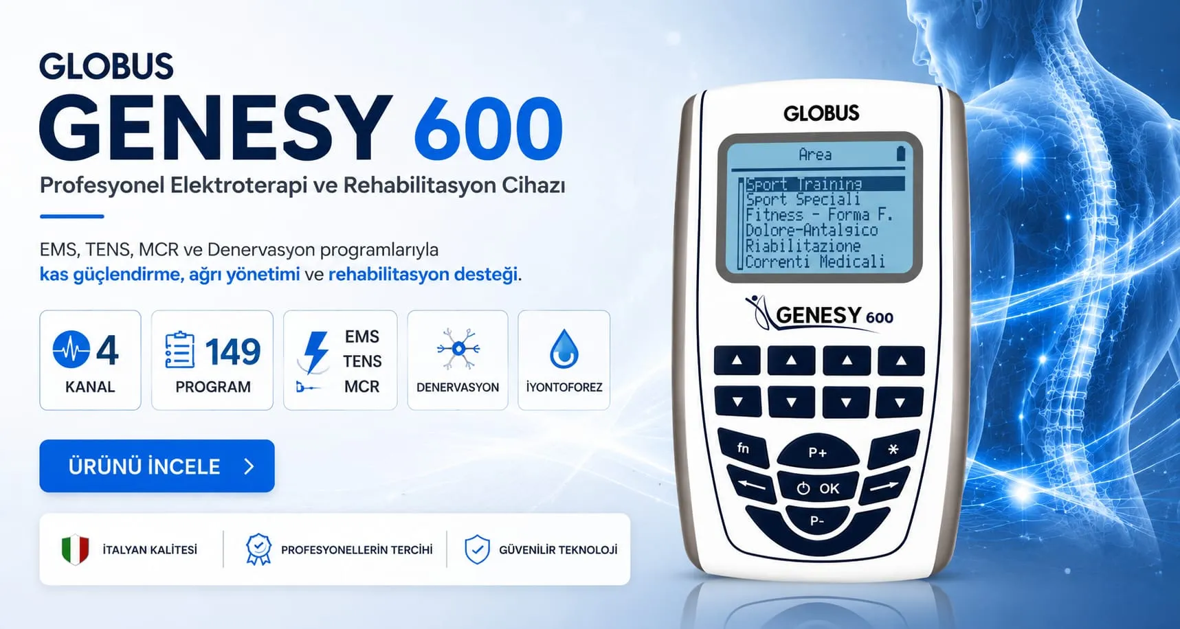 Globus Genesy 600 Profesyonel Elektroterapi ve Rehabilitasyon Cihazı - EMS, TENS, MCR ve Denervasyon programları; 4 kanal, 149 program, iyonoforez, İtalyan kalitesi, profesyonellerin tercihi, güvenilir teknoloji